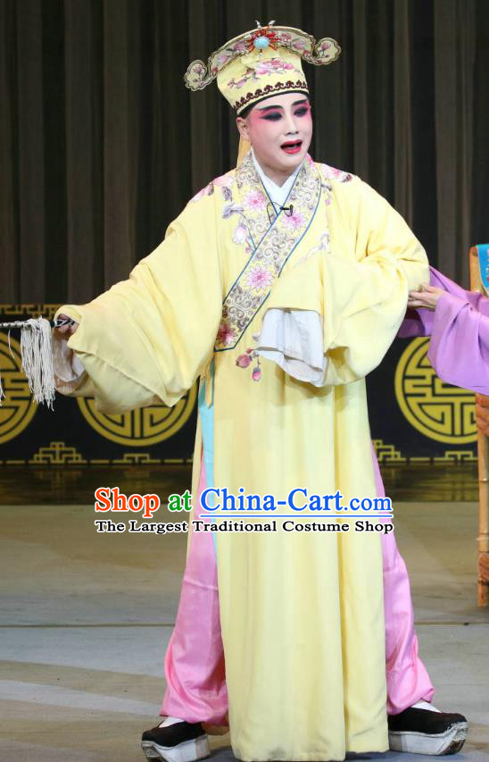 Fang You Chinese Sichuan Opera Xiaosheng Apparels Costumes and Headpieces Peking Opera Scholar Liang Shanbo Garment Niche Yellow Clothing