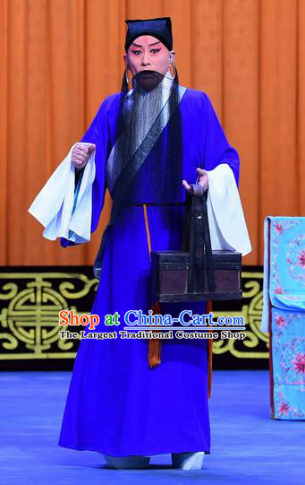 Yu Bei Pavilion Chinese Peking Opera Elderly Scholar Garment Costumes and Headwear Beijing Opera Laosheng Blue Robe Apparels Clothing