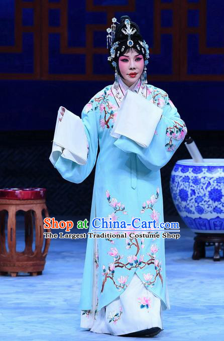 Chinese Beijing Opera Young Female Actress Apparels Costumes and Headpieces Traditional Peking Opera Hua Tan Zhu Lianxiu Blue Dress Garment