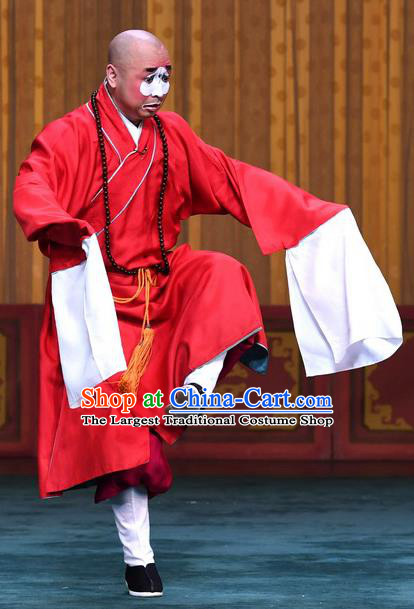 Xiangmei Temple Chinese Peking Opera Monk Liao Kong Garment Costumes Beijing Opera Chou Role Apparels Clown Red Frock Clothing