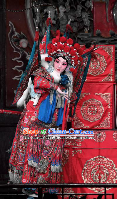 Chinese Beijing Opera Female General Red Kao Armor Suit with Flags Apparels Costumes and Headdress Hong Zong Lie Ma Traditional Peking Opera Princess Daizhan Dress Garment