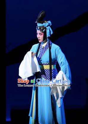 Chinese Beijing Opera Country Woman Apparels Costumes and Headdress Xin Zhui Traditional Peking Opera Han Dynasty Young Female Blue Dress Garment