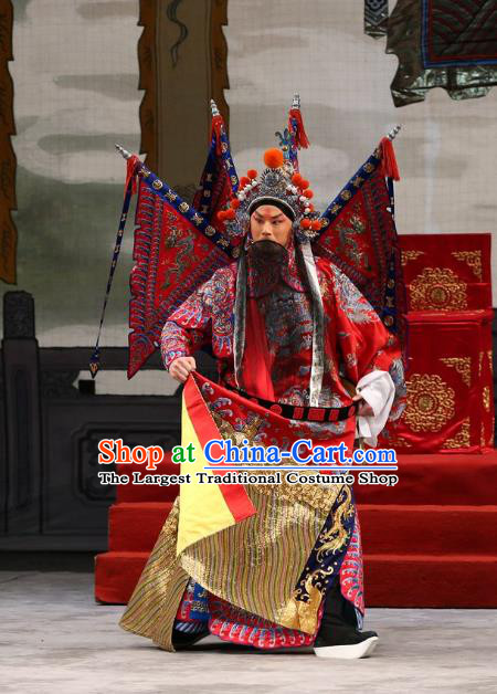 Xi Shi Chinese Peking Opera Wusheng Garment Costumes and Headwear Beijing Opera General Red Kao Armor Suit with Flags Apparels Clothing