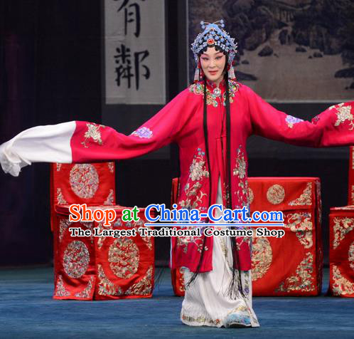 Chinese Beijing Opera Diva Zhao Shouzhen Apparels Costumes and Headdress The Unicorn Purse Traditional Peking Opera Young Mistress Red Dress Garment