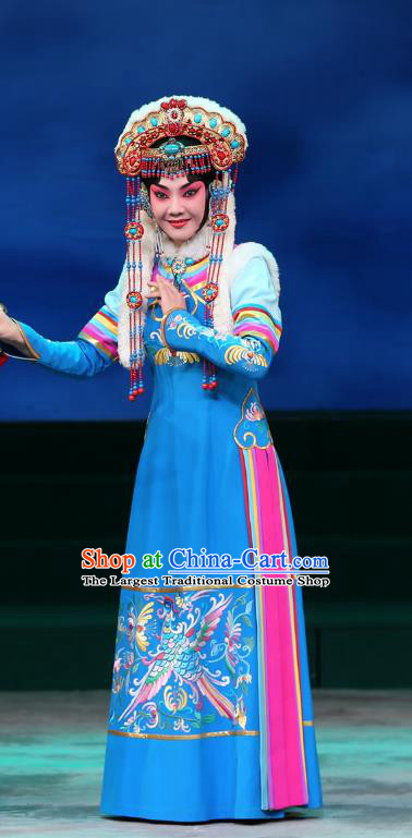 Chinese Beijing Opera Rani Apparels Costumes and Headdress Kangxi Dadi Traditional Peking Opera Princess Lan Er Blue Dress Actress Garment