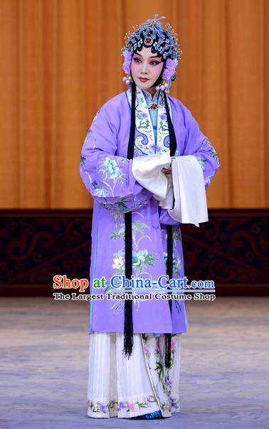 Chinese Beijing Opera Hua Tan Li Shuping Apparels Costumes and Headdress Chen Sanliang Pa Tang Traditional Peking Opera Courtesan Purple Dress Garment