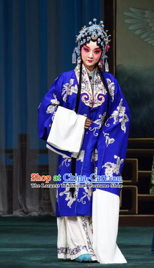 Chinese Beijing Opera Rich Consort Apparels Costumes and Headdress The Mirror of Fortune Traditional Peking Opera Young Beauty Blue Dress Diva Garment