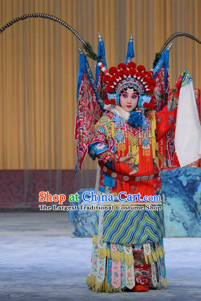 Chinese Beijing Opera Tao Ma Tan Zhang Yue E Apparels Costumes and Headdress Hong Tao Shan Traditional Peking Opera Female General Kao Armor Suit with Flags Dress Garment