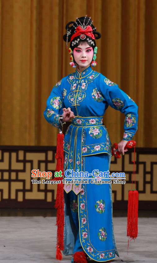 Chinese Beijing Opera Wu Dan Apparels Costumes and Headdress Traditional Peking Opera Princess Shuangyang Dress Martial Female Blue Garment