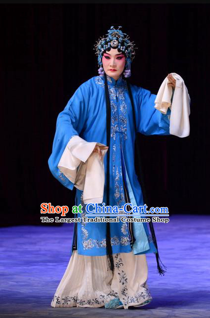 Chinese Beijing Opera Tsing Yi Blue Apparels Costumes and Headdress Tears of Wasted Mountain Traditional Peking Opera Distress Maiden Zhang Huizhu Dress Garment