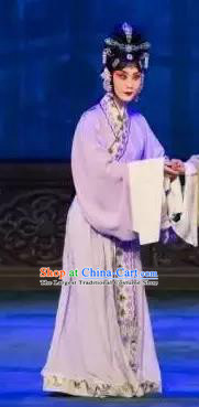 Chinese Beijing Opera Young Female Apparels Costumes and Headdress Anecdote of Wu Zetian Traditional Peking Opera Actress Purple Dress Garment