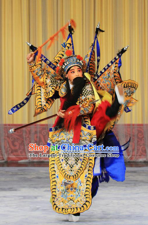 Kirin Pavilion Chinese Peking Opera General Armor Garment Costumes and Headwear Beijing Opera Takefu Apparels Kao Suit with Flags Clothing