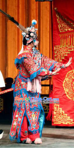 Chinese Beijing Opera Female Swordsman Jiang Huyou Apparels Costumes and Headdress Bai Hua Zeng Jian Traditional Peking Opera Xiaodan Dress Servant Girl Garment