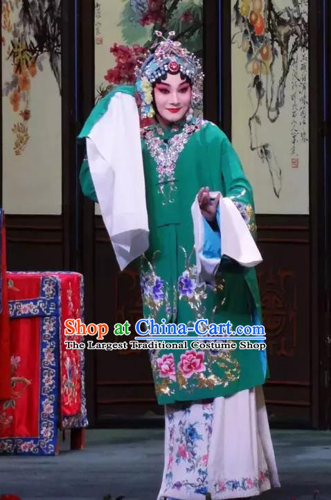 Chinese Beijing Opera Diva Wang Zhaojun Young Female Apparels Costumes and Headdress Han Ming Fei Traditional Peking Opera Hua Tan Green Dress Actress Garment