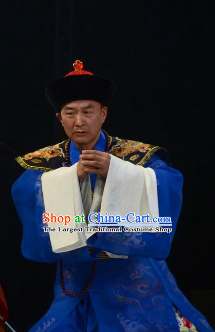 Sixth Panchen Chinese Bangzi Opera Qing Dynasty Official Apparels Costumes and Headpieces Traditional Hebei Clapper Opera Minister Garment Blue Clothing