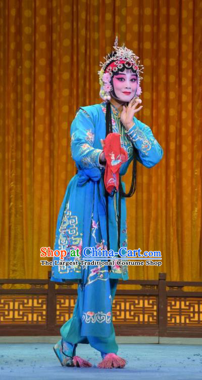 Chinese Jin Opera Xiaodan Garment Costumes and Headdress Madam White Snake Traditional Shanxi Opera Young Lady Blue Dress Maidservant Xiao Qing Apparels