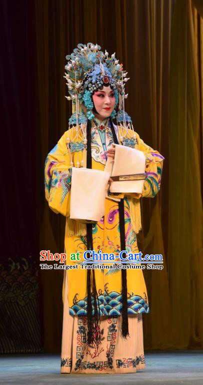 Chinese Jin Opera Court Empress Shen Garment Costumes and Headdress Da Jin Zhi Traditional Shanxi Opera Actress Dress Queen Apparels