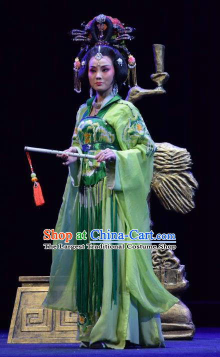 Chinese Jin Opera Imperial Consort Garment Costumes and Headdress Madam Ruyi Traditional Shanxi Opera Hua Tan Green Dress Diva Wu Meiniang Apparels
