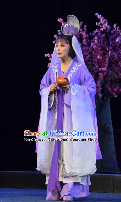 Chinese Jin Opera Taoist Nun Garment Costumes and Headdress Madam Ruyi Traditional Shanxi Opera Hua Tan Purple Dress Young Female Wu Meiniang Apparels