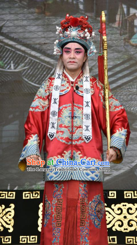 Tu Fu Zhuang Yuan Chinese Shanxi Opera Soldier Apparels Costumes and Headpieces Traditional Jin Opera Wusheng Garment Imperial Bodyguard Red Clothing