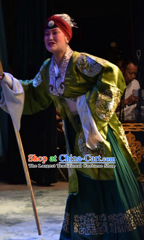 Chinese Jin Opera Pantaloon Garment Costumes and Headdress Han Yang Court Traditional Shanxi Opera Elderly Female Green Dress Noble Dame Apparels