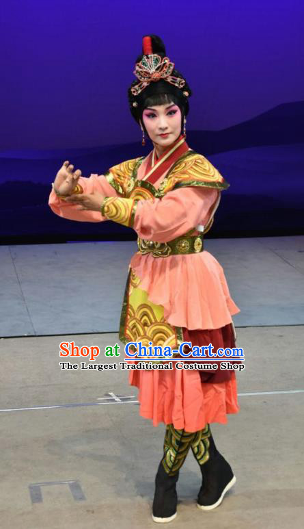 Chinese Jin Opera Woman Soldier Garment Costumes and Headdress Xiong Guan Niang Zi Traditional Shanxi Opera Wudan Dress Female Warrior Apparels