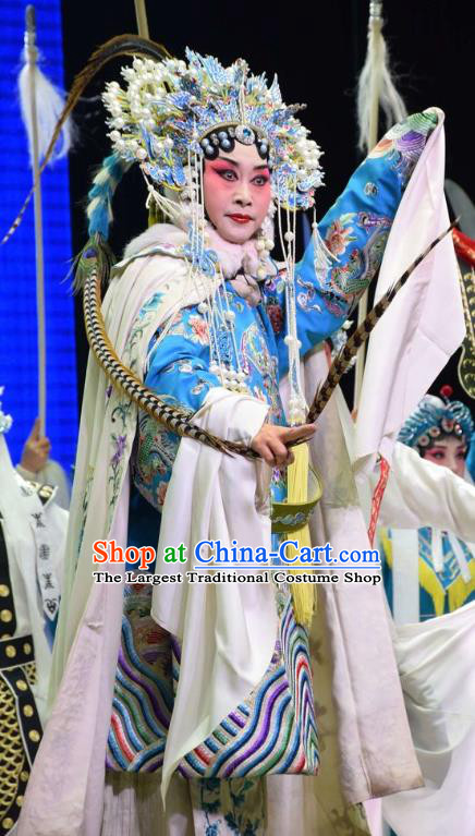 Chinese Jin Opera Female General Garment Costumes and Headdress Xia He Dong Traditional Shanxi Opera Tao Ma Tan Apparels Dame Blue Dress