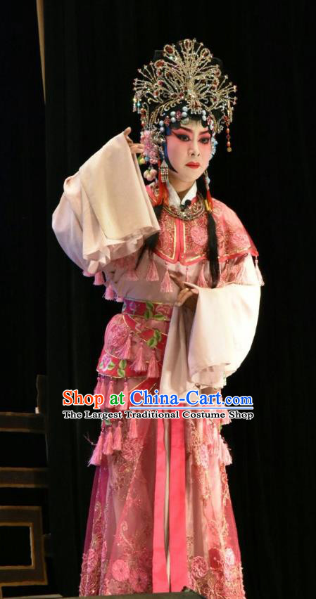 Chinese Jin Opera Young Beauty Garment Costumes and Headdress Tears in Suzhou Traditional Shanxi Opera Rich Lady Apparels Diva Wang Lianjuan Dress