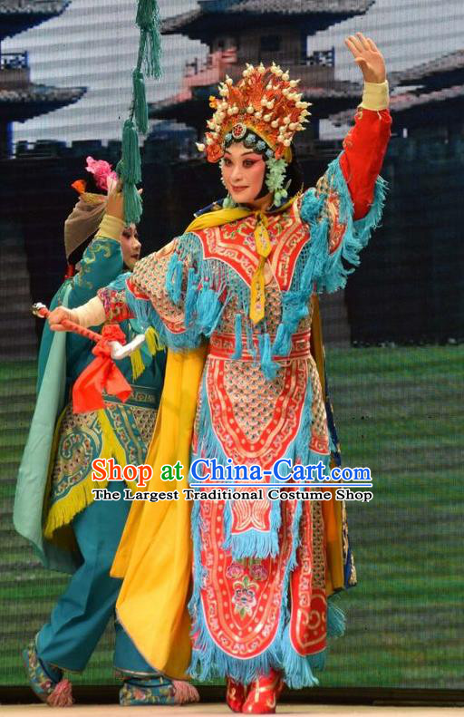 Chinese Jin Opera Martial Female Garment Costumes and Headdress Big Feet Empress Traditional Shanxi Opera Woman Soldier Ma Xiuying Apparels Armor Dress