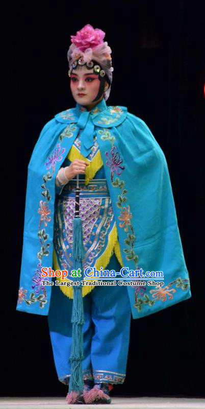 Chinese Jin Opera Wudan Garment Costumes and Headdress Big Feet Empress Traditional Shanxi Opera Woman Soldier Apparels Martial Female Armor Dress