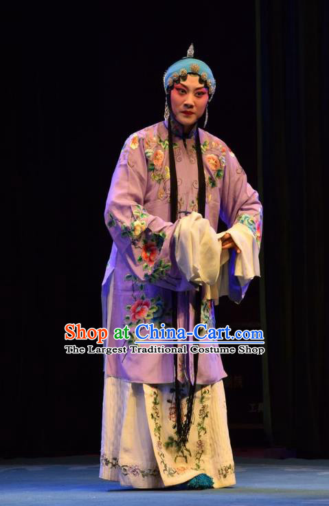 Chinese Jin Opera Actress Garment Costumes and Headdress Shou Jiang Wei Traditional Shanxi Opera Hua Tan Apparels Young Mistress Purple Dress