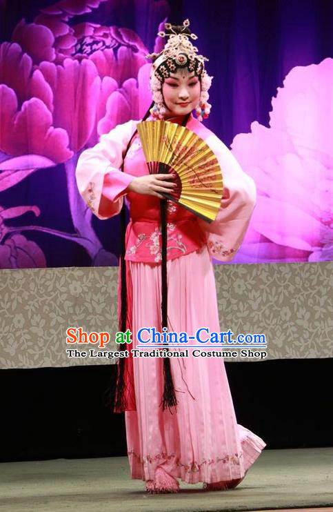 Chinese Jin Opera Xiaodan Garment Costumes and Headdress Hua Tian Wai Zhuan Traditional Shanxi Opera Young Beauty Apparels Maid Lady Chun Lan Dress