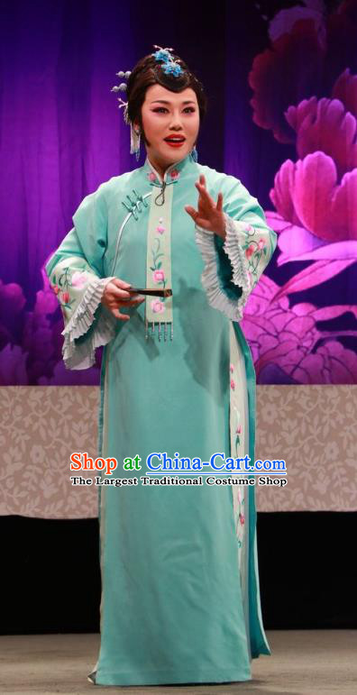 Chinese Jin Opera Young Mistress Garment Costumes and Headdress Hua Tian Wai Zhuan Traditional Shanxi Opera Rich Female Apparels Woman Blue Dress