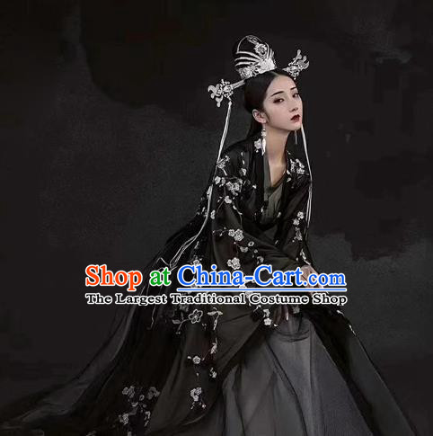 Chinese Ancient Royal Princess Black Dress Traditional Historical Drama Hanfu Apparels Han Dynasty Imperial Concubine Replica Costumes and Headdress Complete Set