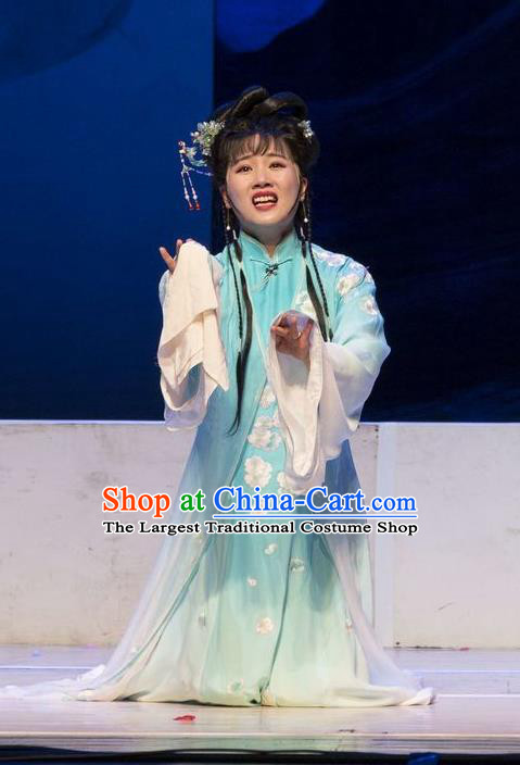 Chinese Henan Opera Distress Maiden Garment Costumes and Headdress Huang Ye Hong Lou Traditional Qu Opera Hua Tan Apparels Young Lady Lin Daiyu Dress