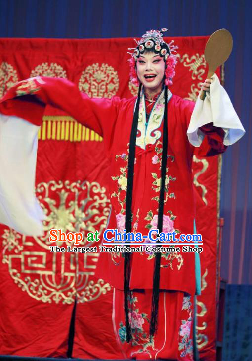 Chinese Shandong Opera Bride Garment Costumes and Headdress Zi Mei Yi Jia Traditional Lu Opera Diva Apparels Young Beauty Zhang Sumei Red Dress