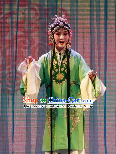 Chinese Shandong Opera Diva Liang Saijin Garment Costumes and Headdress Long Feng Mian Traditional Lu Opera Hua Tan Apparels Young Beauty Green Dress