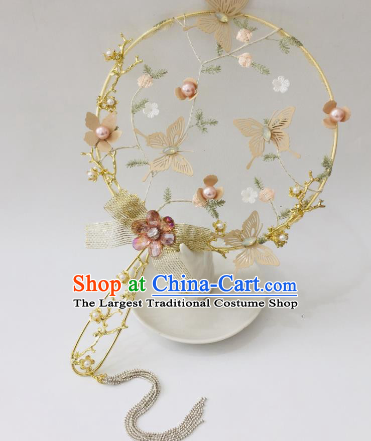 Chinese Ancient Wedding Bowknot Round Fan Palace Fan Handmade Bride Prop Traditional Golden Butterfly Hanfu Fan