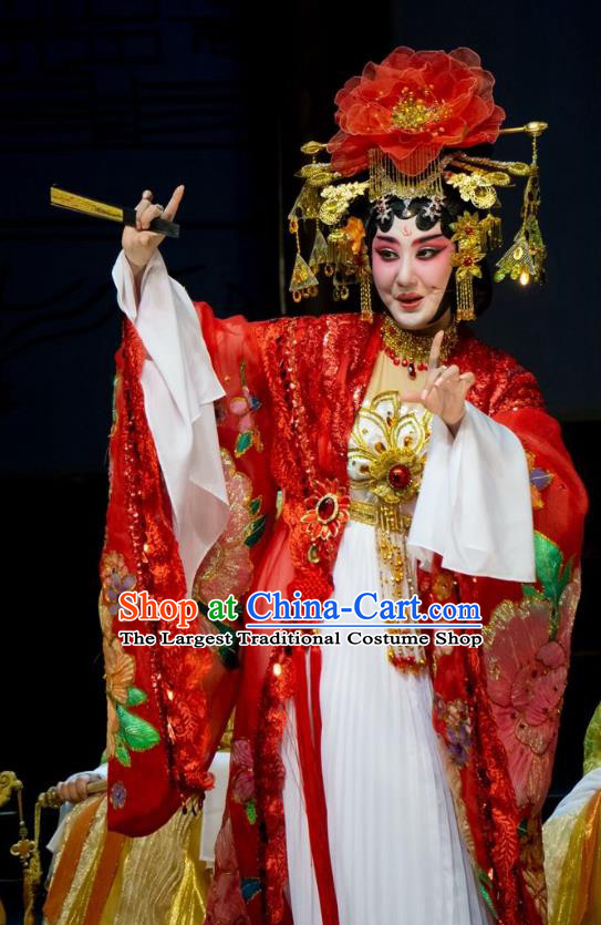 Chinese Han Opera Imperial Concubine Garment Ni Chang Chang Ge Costumes and Headdress Traditional Hubei Hanchu Opera Hua Tan Apparels Diva Yang Yuhuan Red Dress