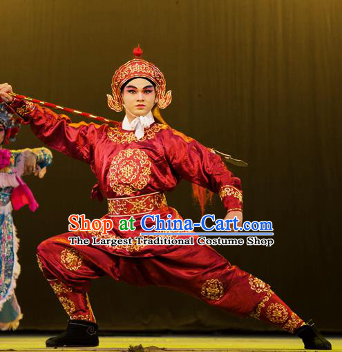 Hu Jia Zhuang Chinese Hubei Hanchu Opera Martial Male Apparels Costumes and Headpieces Traditional Han Opera Swordsman Garment Wusheng Hua Rong Clothing