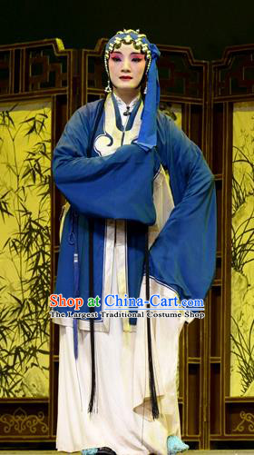 Chinese Han Opera Young Female Garment Baili Xi Ren Qi Costumes and Headdress Traditional Hubei Hanchu Opera Distress Woman Apparels Blue Dress