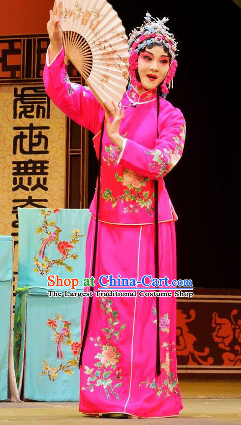 Chinese Han Opera Actress Garment Hua Deng An Costumes and Headdress Traditional Hubei Hanchu Opera Hua Tan Apparels Young Beauty Chen Caifeng Rosy Dress