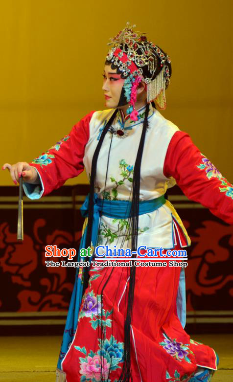 Chinese Han Opera Xiaodan Garment Hua Tian Ba Cuo Costumes and Headdress Traditional Hubei Hanchu Opera Maid Lady Apparels Servant Girl Chun Lan Dress