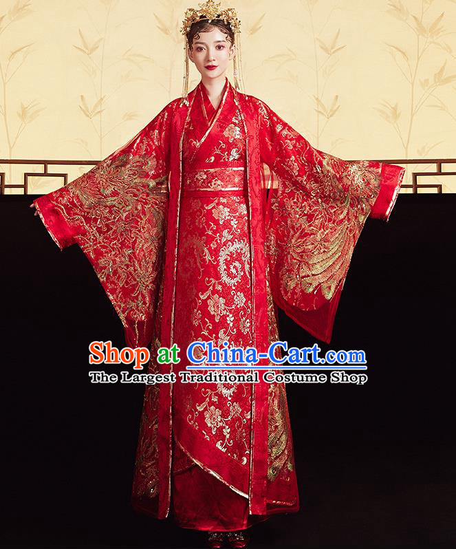 Chinese Ancient Bride Red Dress Traditional Hanfu Apparels Han Dynasty Princess Wedding Historical Costumes and Headdress Complete Set for Women