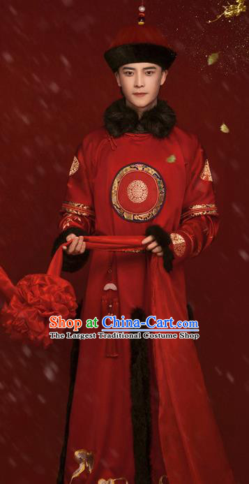 Chinese Traditional Wedding Hanfu Apparels Ancient Qing Dynasty Noble Prince Historical Costumes and Hat for Men