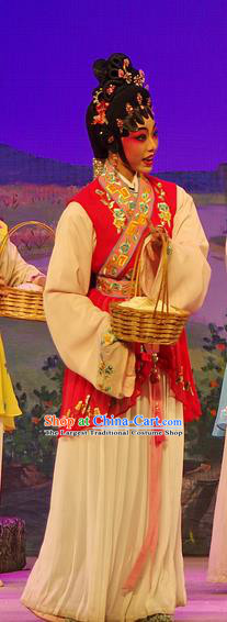 Chinese Cantonese Opera Hua Tan Garment Costumes and Headdress Traditional Guangdong Opera Young Beauty Apparels Village Girl Red Dress