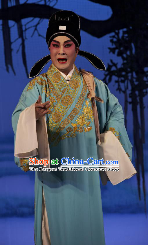 Legend of Lun Wenxu Chinese Guangdong Opera Xiaosheng Apparels Costumes and Headpieces Traditional Cantonese Opera Niche Garment Scholar Blue Clothing