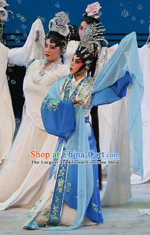 Chinese Cantonese Opera Actress Xi Shi Garment Meng Hui Tai Hu Costumes and Headdress Traditional Guangdong Opera Diva Apparels Young Beauty Blue Dress