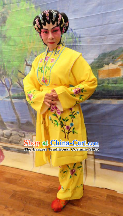 Chinese Cantonese Opera Female Servant Garment Hua Tian Ba Xi Hairpin Costumes and Headdress Traditional Guangdong Opera Maid Woman Apparels Yellow Dress