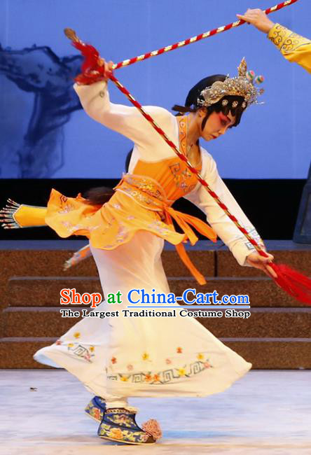 Chinese Cantonese Opera Wudan Garment The Lotus Lantern Costumes and Headdress Traditional Guangdong Opera Martial Female Apparels Goddess Ling Zhi Dress